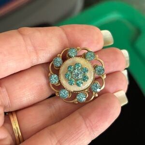 Vintage Gold-Tone Brooch with Aqua Blue Crystal Rhinestone